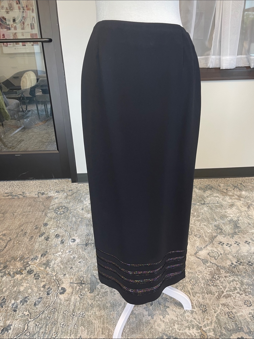 Casual Corner Black Maxi Skirt and Satin Top with Iridescent Decorative Hem